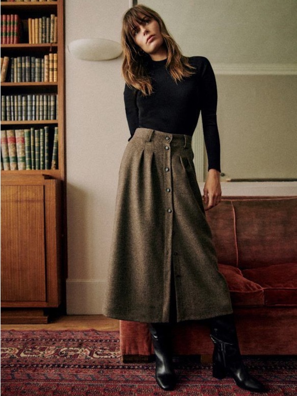 NWT Sézane Clarine Skirt in Taupe Wool size 10 42 midi preppy tweed discontinued - Picture 2 of 11